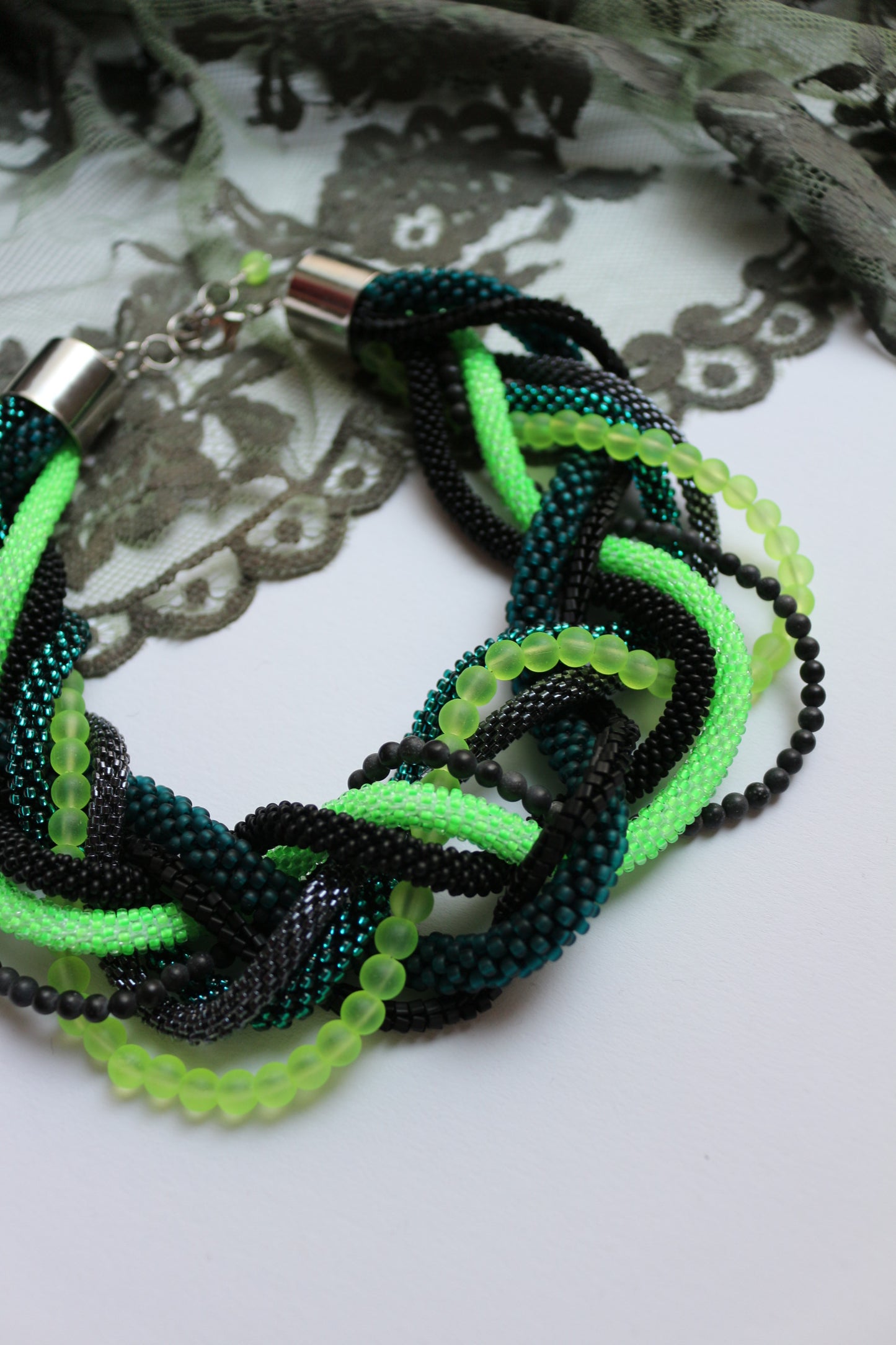 Beaded seed beads necklace with natural stone (Shungite)