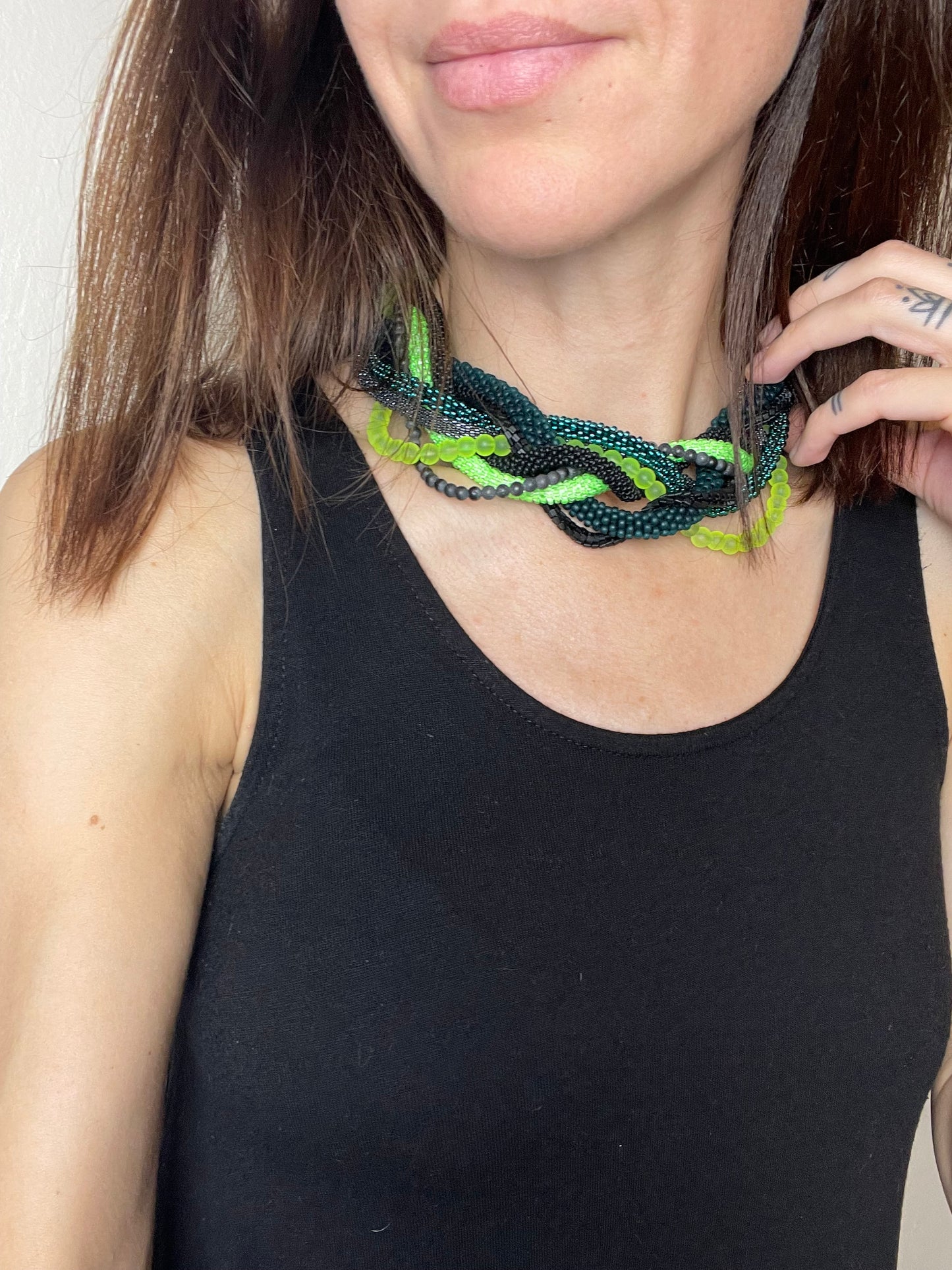 Beaded seed beads necklace with natural stone (Shungite)
