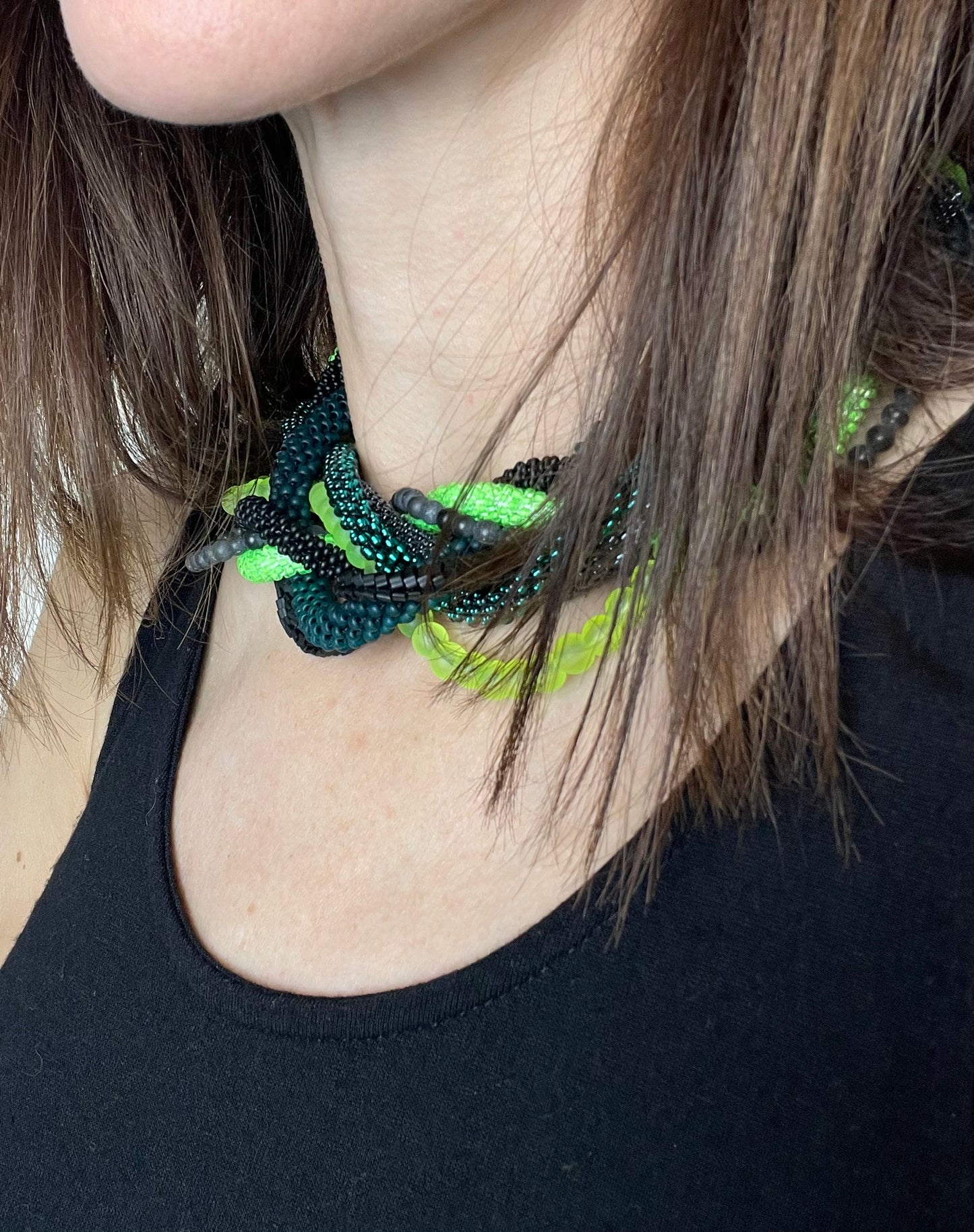 Beaded seed beads necklace with natural stone (Shungite)