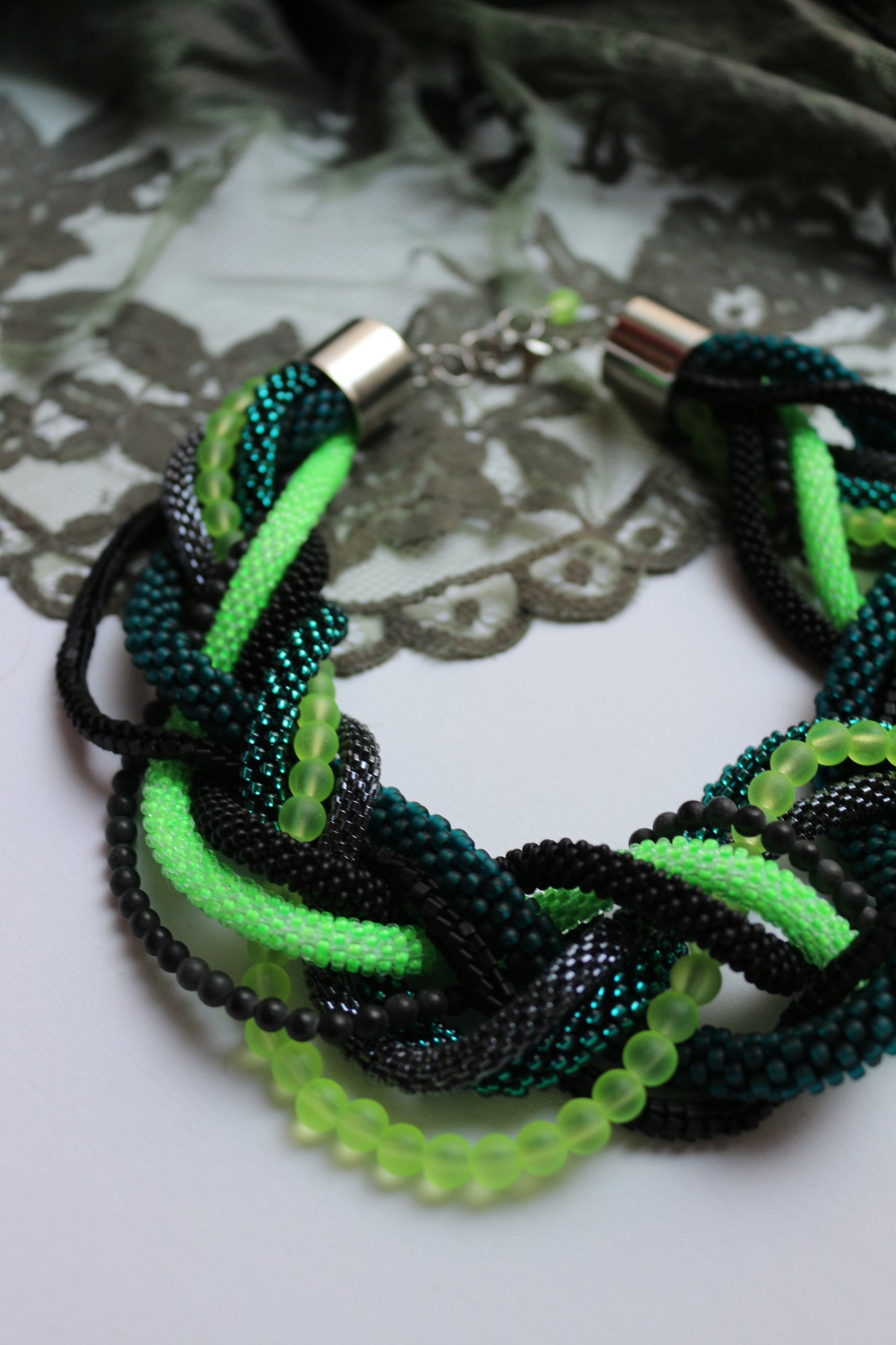 Beaded seed beads necklace with natural stone (Shungite)