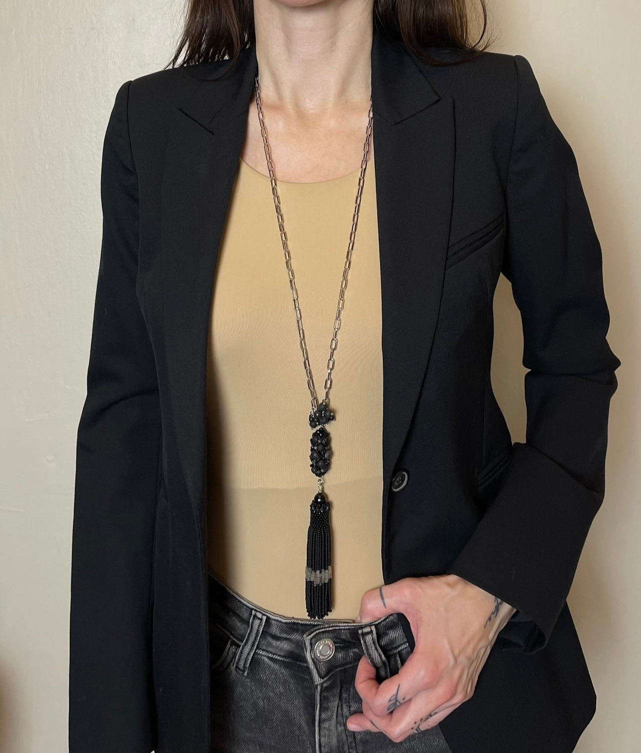 Black Long Necklace with beaded tassle