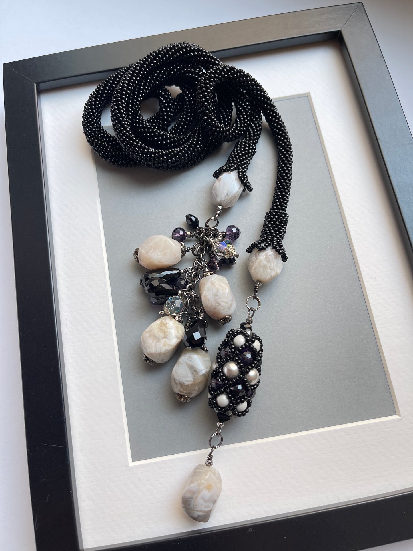 Long Black Necklace with Natural stone - Lariat