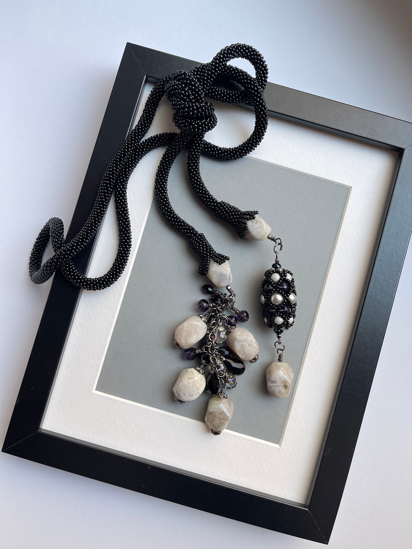 Long Black Necklace with Natural stone - Lariat