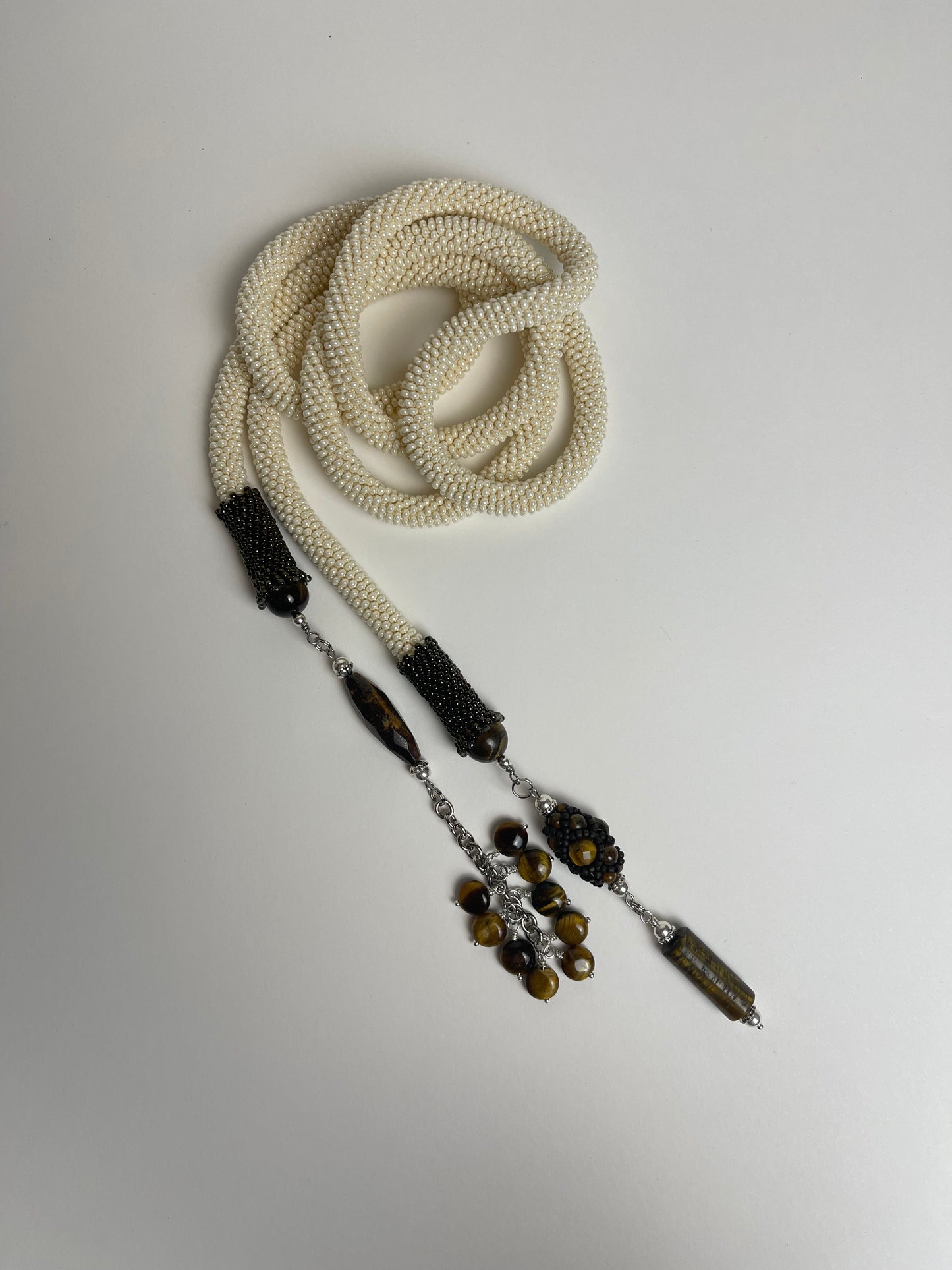 Long Beige Necklace with Natural stone - Lariat