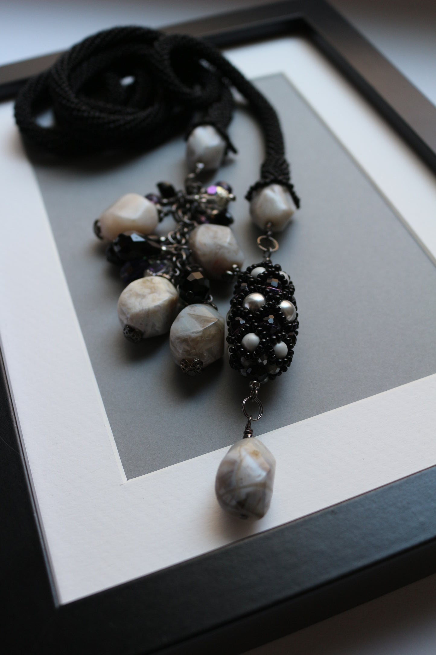 Long Black Necklace with Natural stone - Lariat