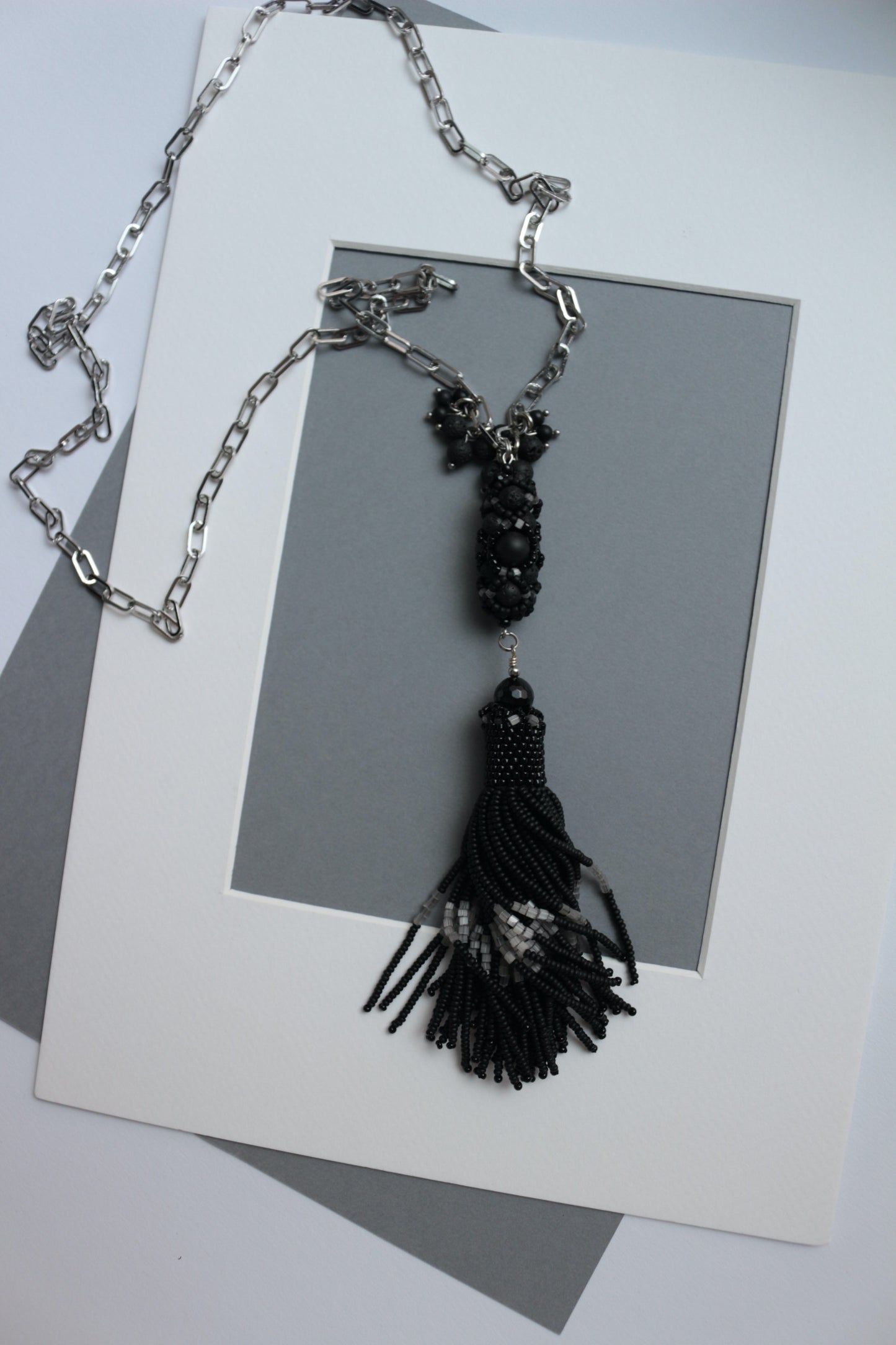 Black Long Necklace with beaded tassle