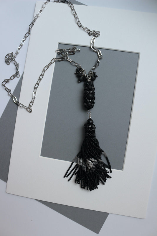 Black Long Necklace with beaded tassle