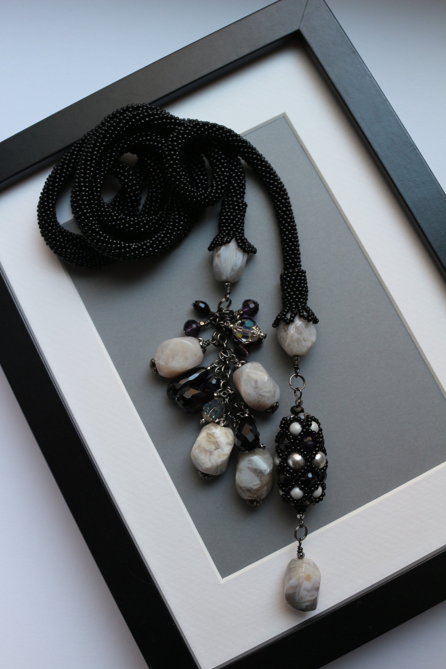 Long Black Necklace with Natural stone - Lariat