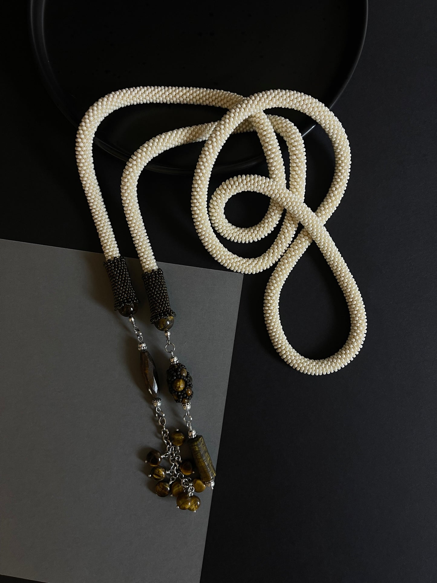 Long Beige Necklace with Natural stone - Lariat