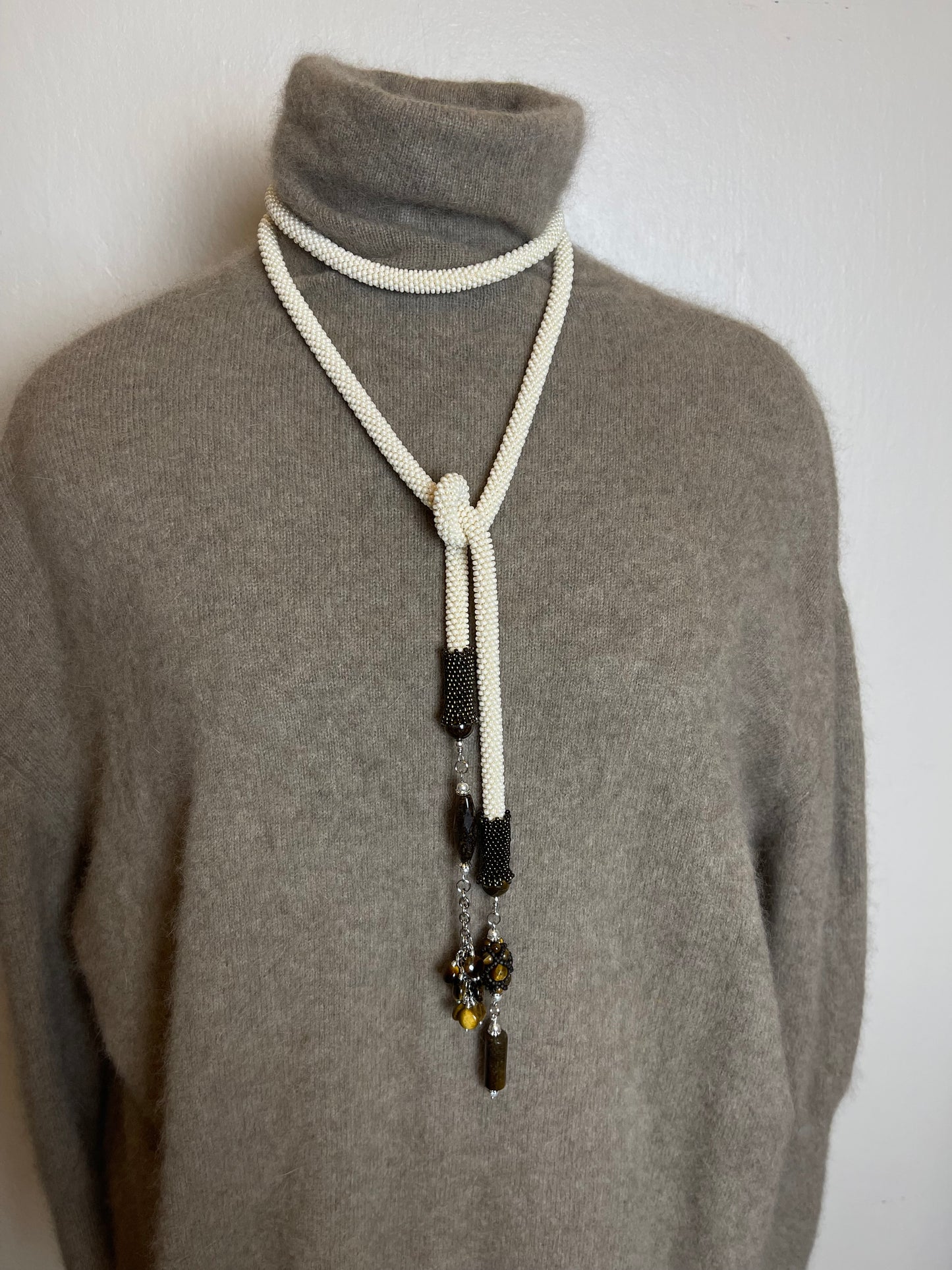 Long Beige Necklace with Natural stone - Lariat