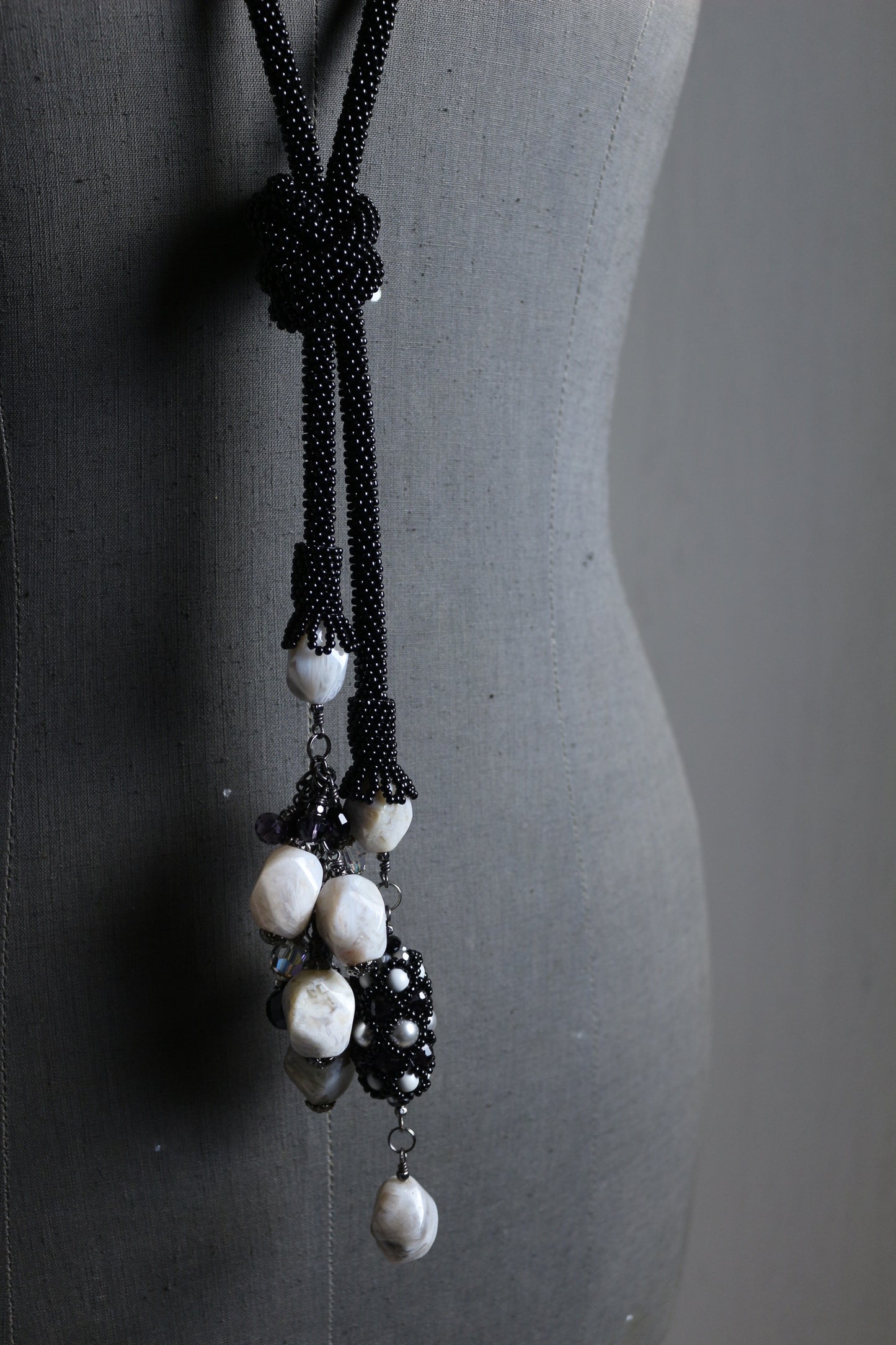 Long Black Necklace with Natural stone - Lariat