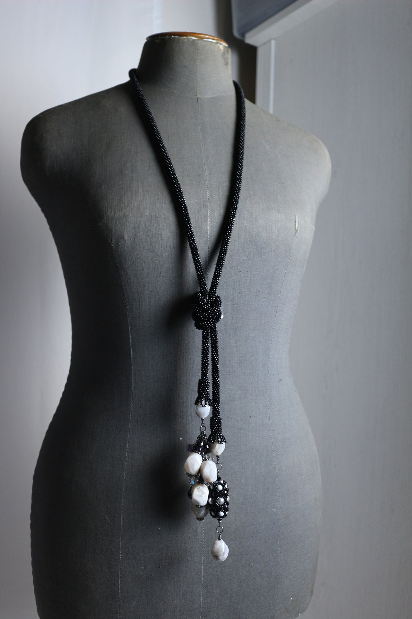 Long Black Necklace with Natural stone - Lariat