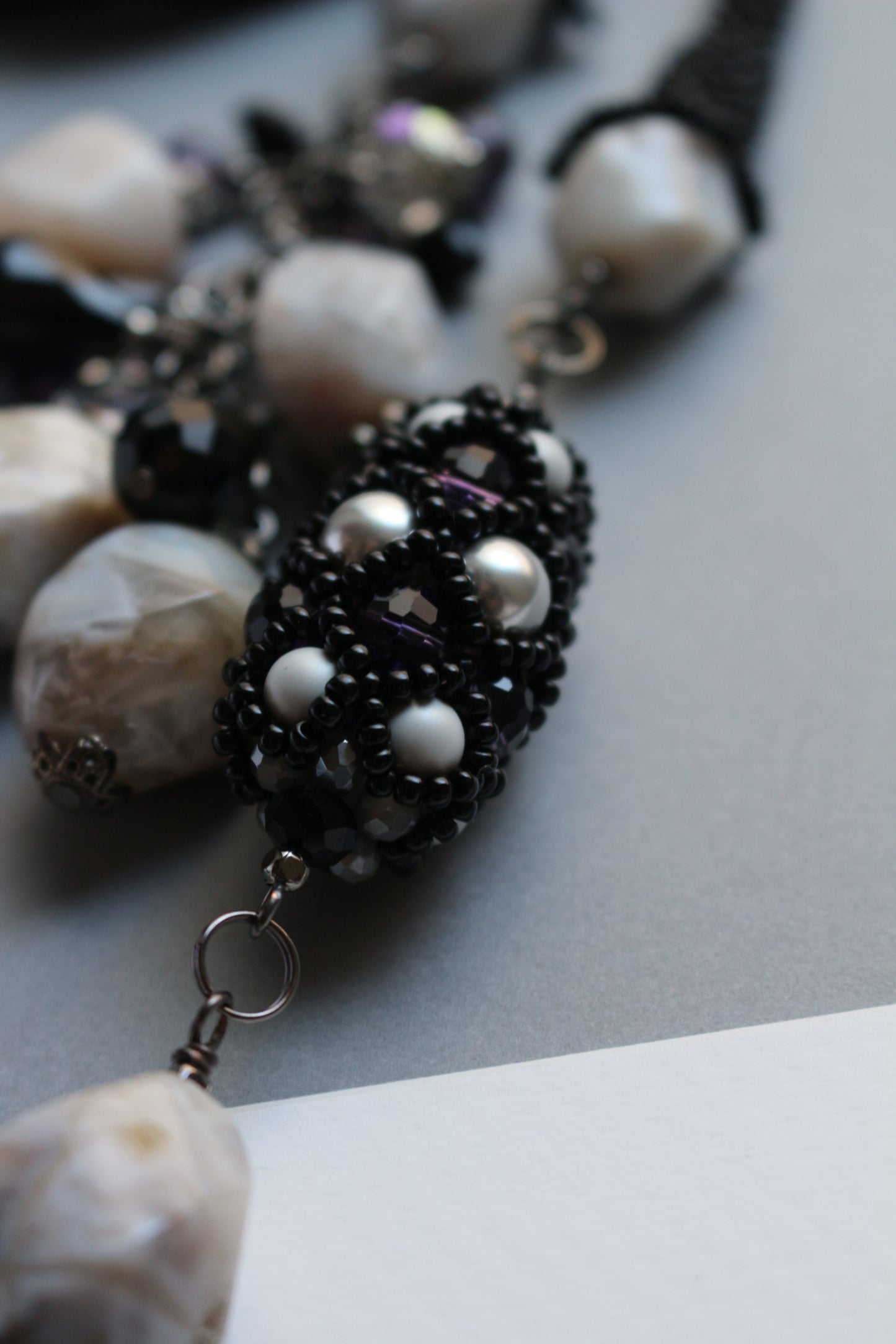 Long Black Necklace with Natural stone - Lariat