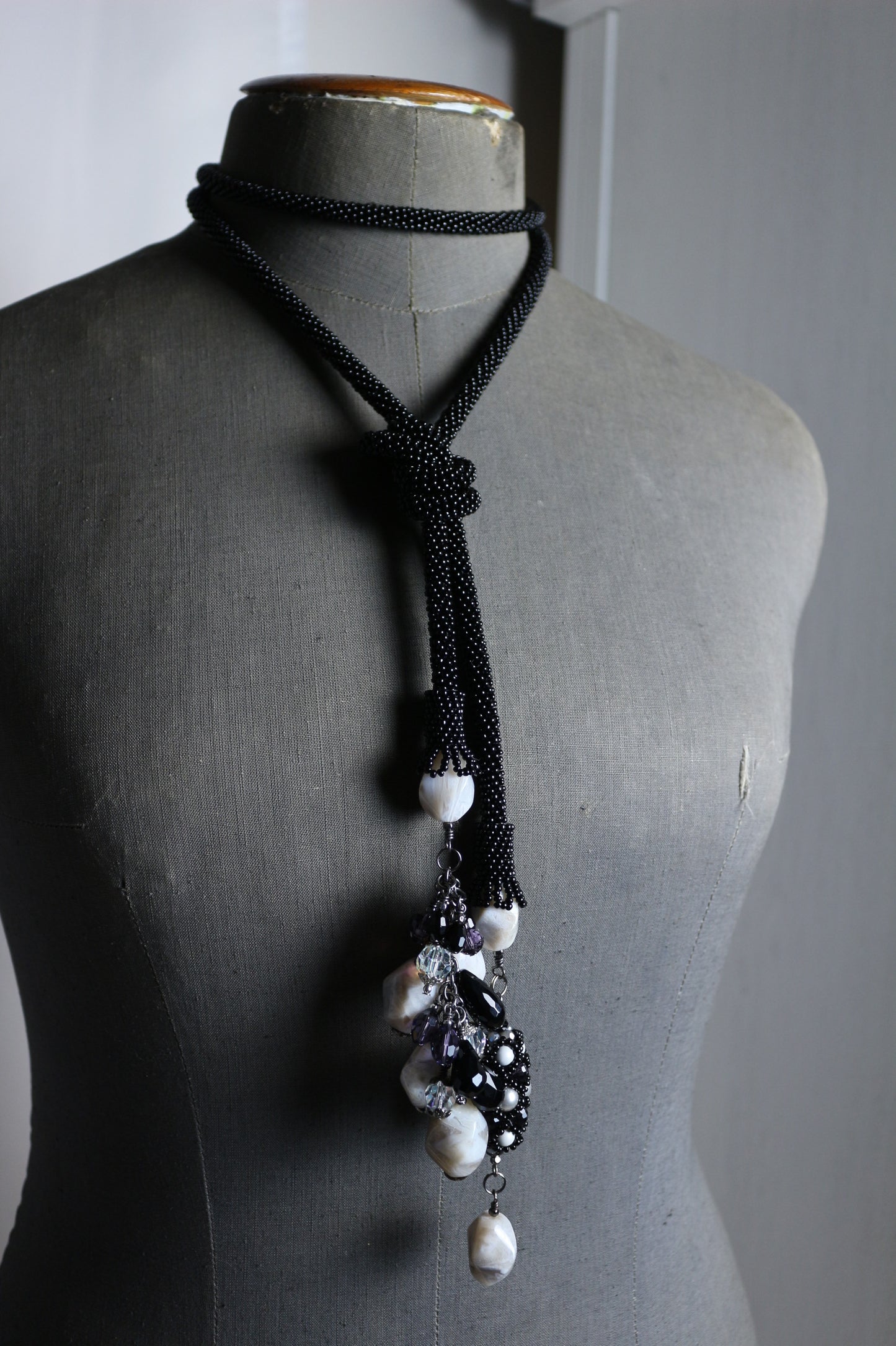 Long Black Necklace with Natural stone - Lariat