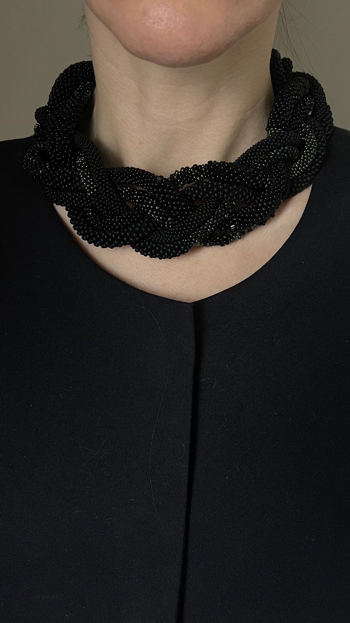 Black braided seed beads necklace