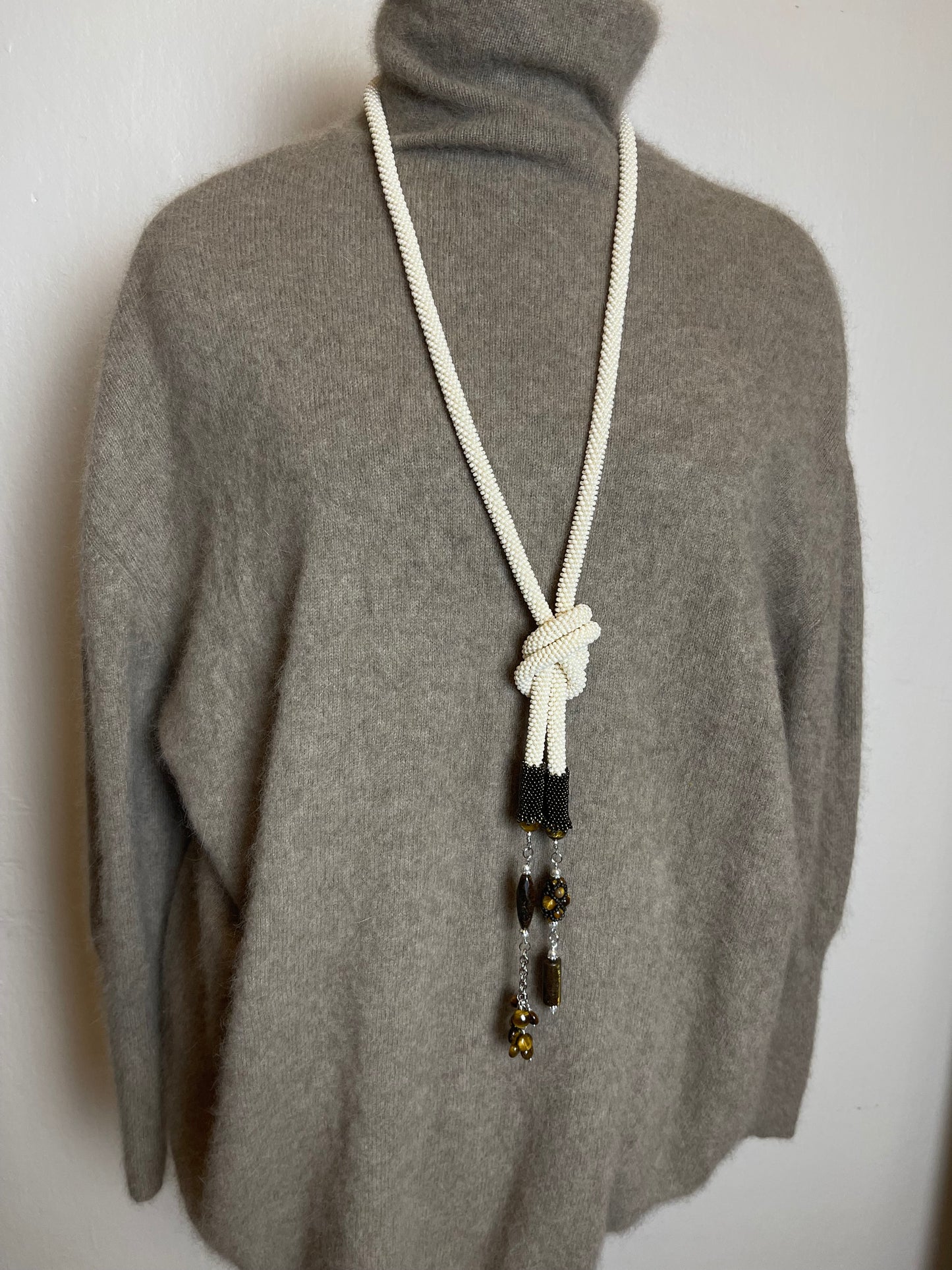 Long Beige Necklace with Natural stone - Lariat