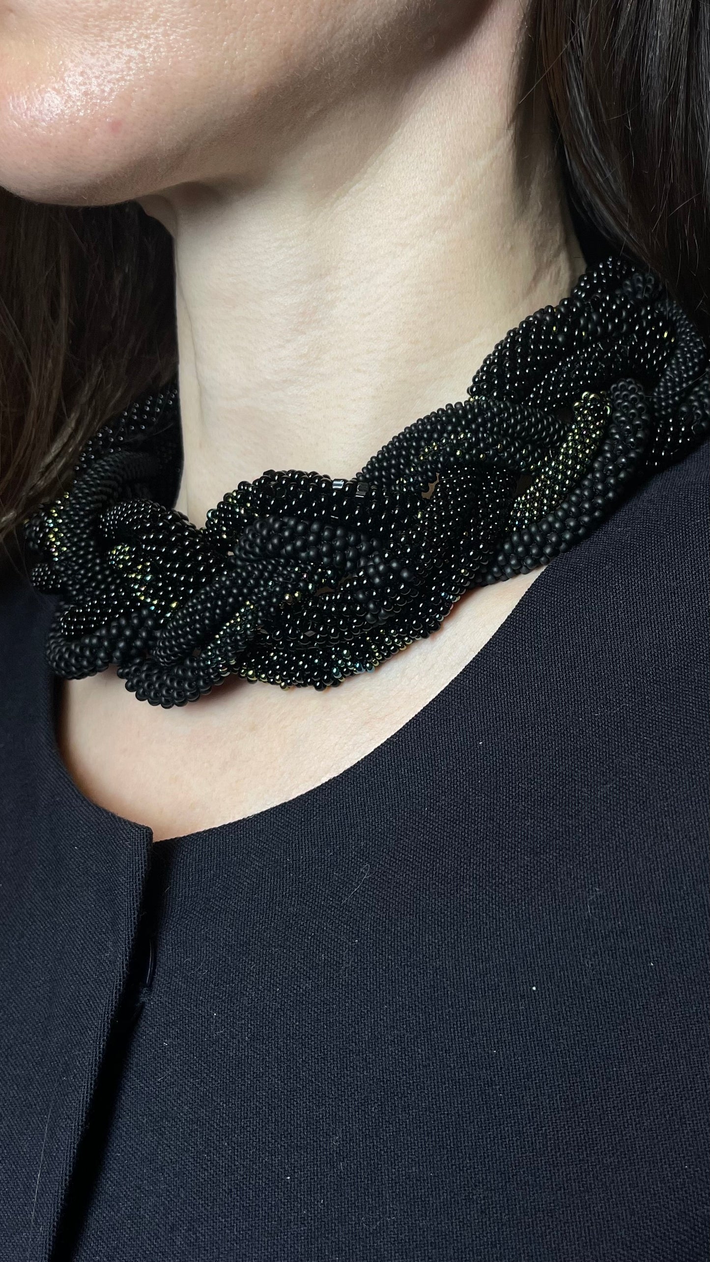 Black braided seed beads necklace